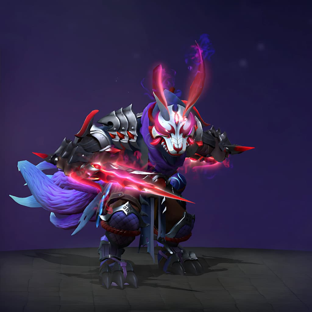 Riki's "Scarlet Subversion" Diretide 2022 Collector's Cache set. A complete cosmetic overhaul with a dark, mythical aesthetic, featuring a fearsome white and red Oni-inspired mask with glowing red horns, samurai-esque armor, a custom crimson glowing blade, and a flowing purple tail fading to ghostly blue.