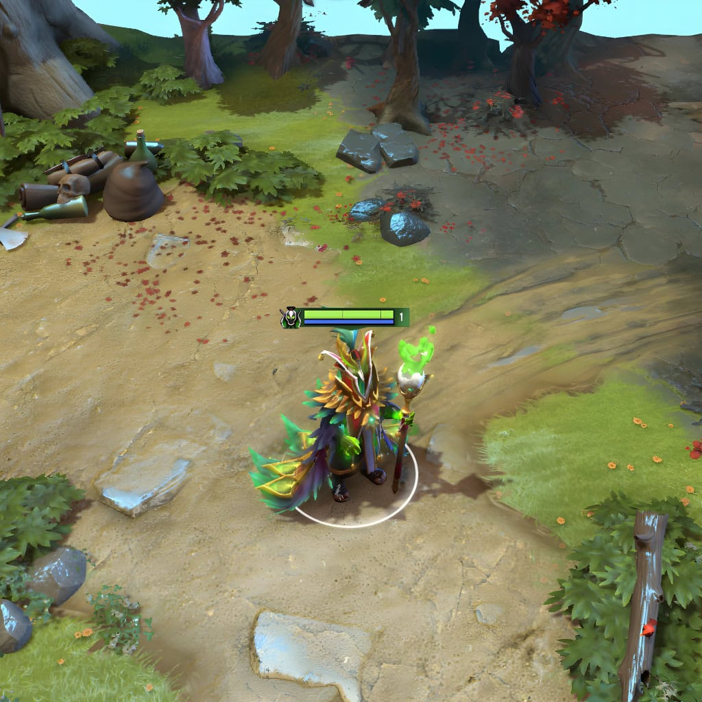 Rubick shown in-game wearing the Carousal of the Mystic Masquerade set. The vibrant peacock cape, ornate masquerade headdress, and glowing custom mystic staff are all visible during gameplay, showcasing the set's full visual upgrade.