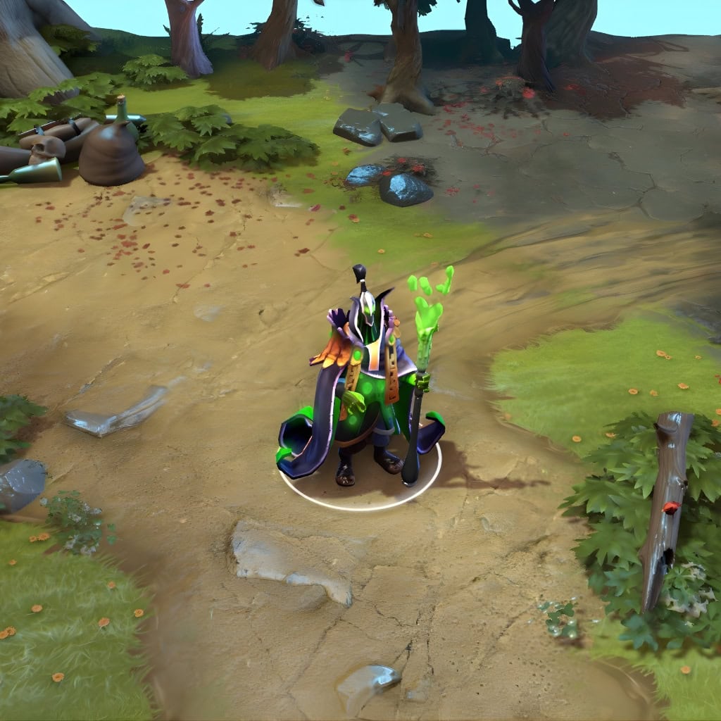 A gameplay screenshot of Rubick's default model in Dota 2. This serves as a baseline to contrast with the mysterious silhouette and unique ambient glow of the rare Garb of the Cunning Augur set from The International 2015 Collector's Cache.