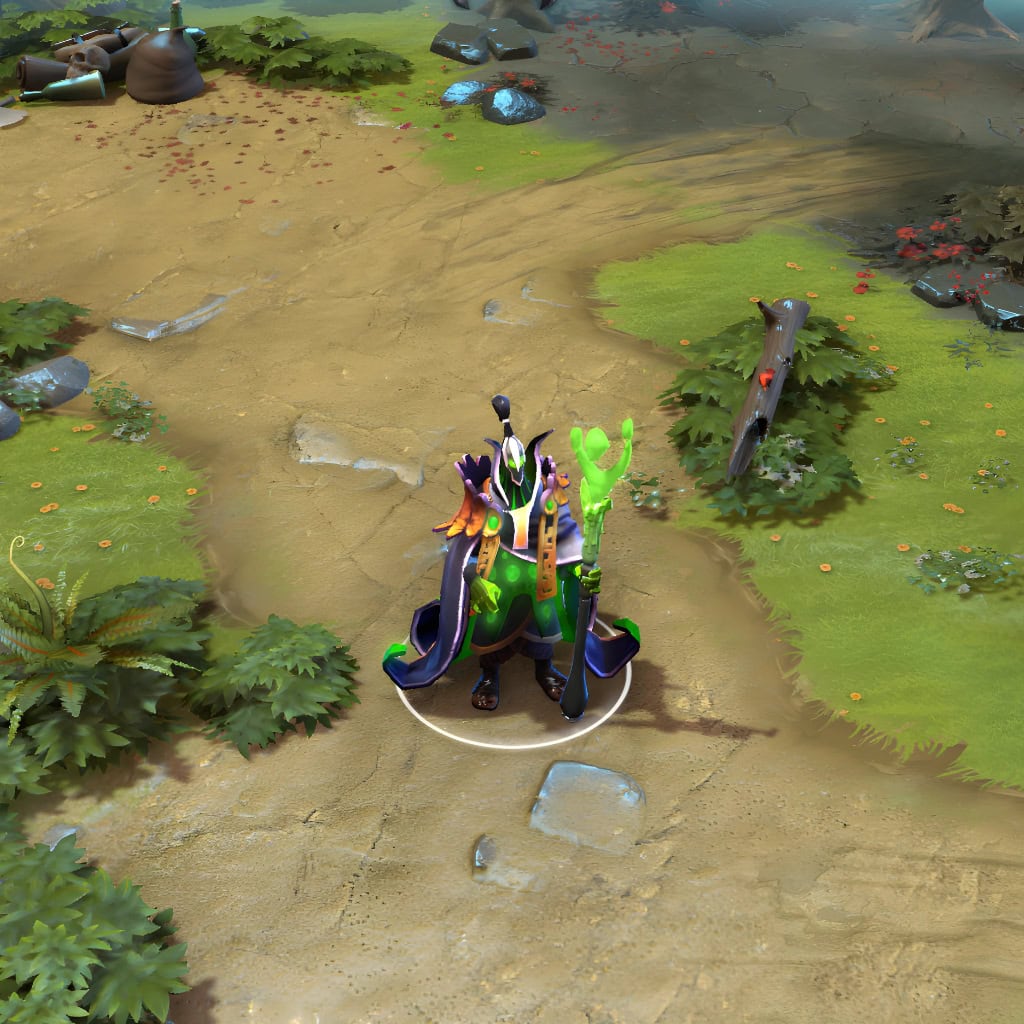 A gameplay screenshot of Rubick's default model in Dota 2. This serves as a baseline to contrast with the enhanced in-game visuals, whimsical nutcracker theme, and stylized unicorn staff of the March of the Crackerjack Mage cosmetic set.