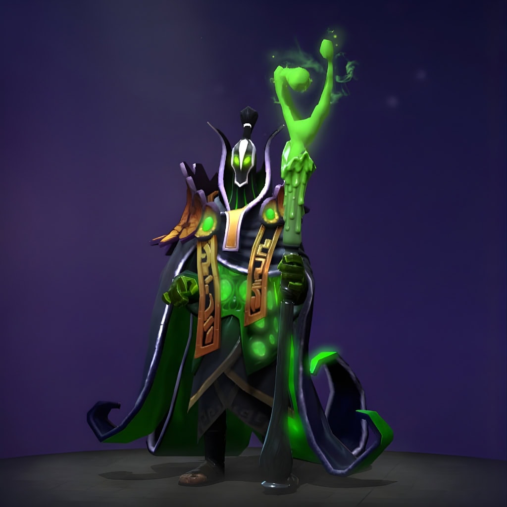 The default skin of Rubick, for comparison with the Garb of the Cunning Augur set from The International 2015 Collector's Cache. This highlights the complete transformation into a mysterious soothsayer with a turban, dark robes, and unique candlelight effects.