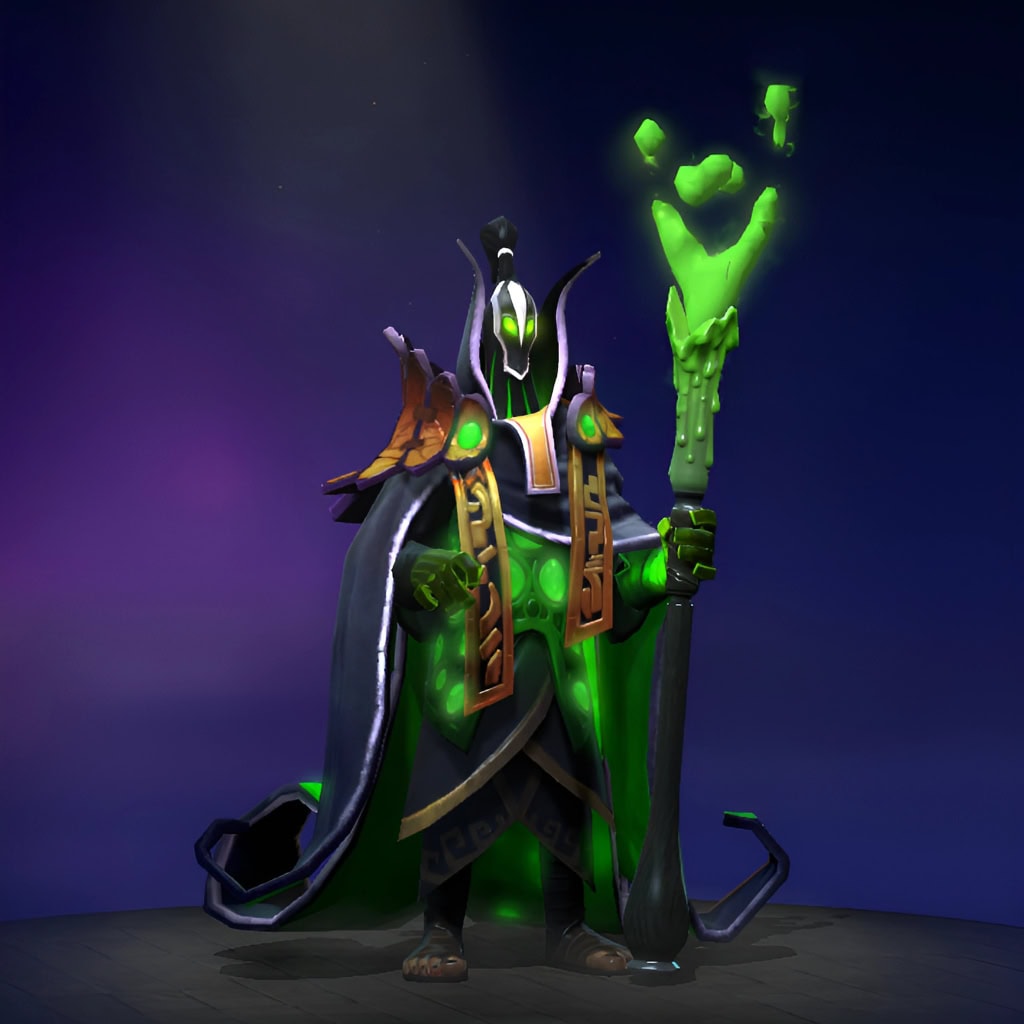 The default skin of Rubick, shown for comparison with the March of the Crackerjack Mage set. This highlights the transformation into an enchanting, toy soldier-inspired spectacle, featuring a nutcracker visage, ornate military attire, and a stylized unicorn staff.