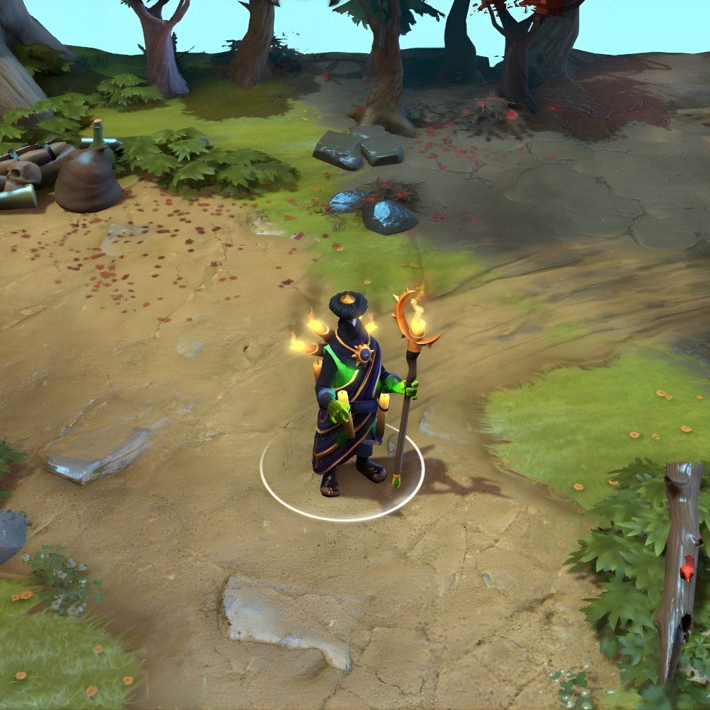 Rubick in-game wearing the Garb of the Cunning Augur set from The International 2015 Collector's Cache. The deep indigo turban, dark tartan robes, golden sun amulet, and unique ambient candlelight from his staff and back-piece are clearly visible, showcasing his cryptic identity.