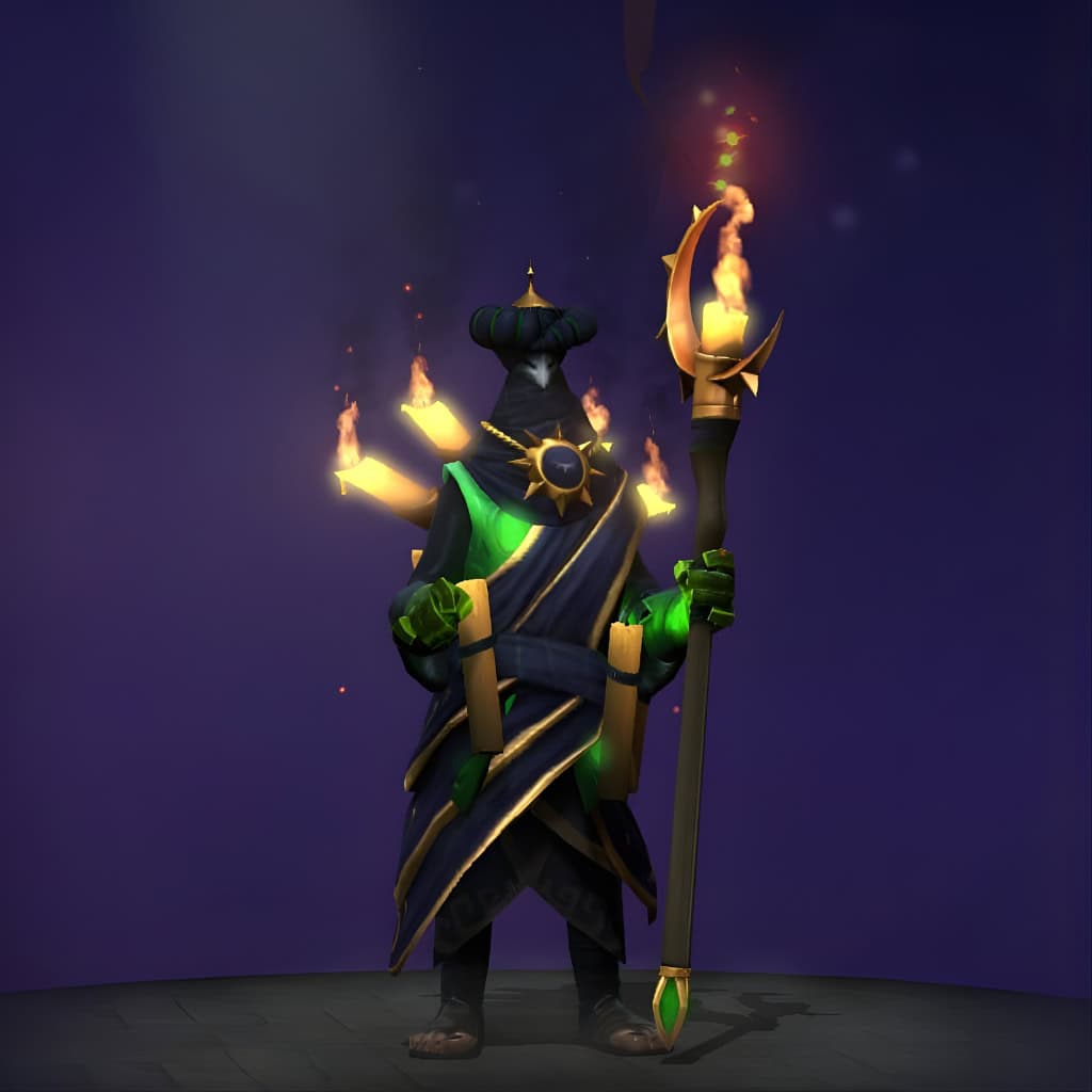 Rubick's "Garb of the Cunning Augur" The International 2015 Collector's Cache set. Transforms him into an enigmatic soothsayer with a deep indigo turban and dark tartan robes. Features a sun-shaped golden amulet and is illuminated by flickering candles on his back-piece and staff.