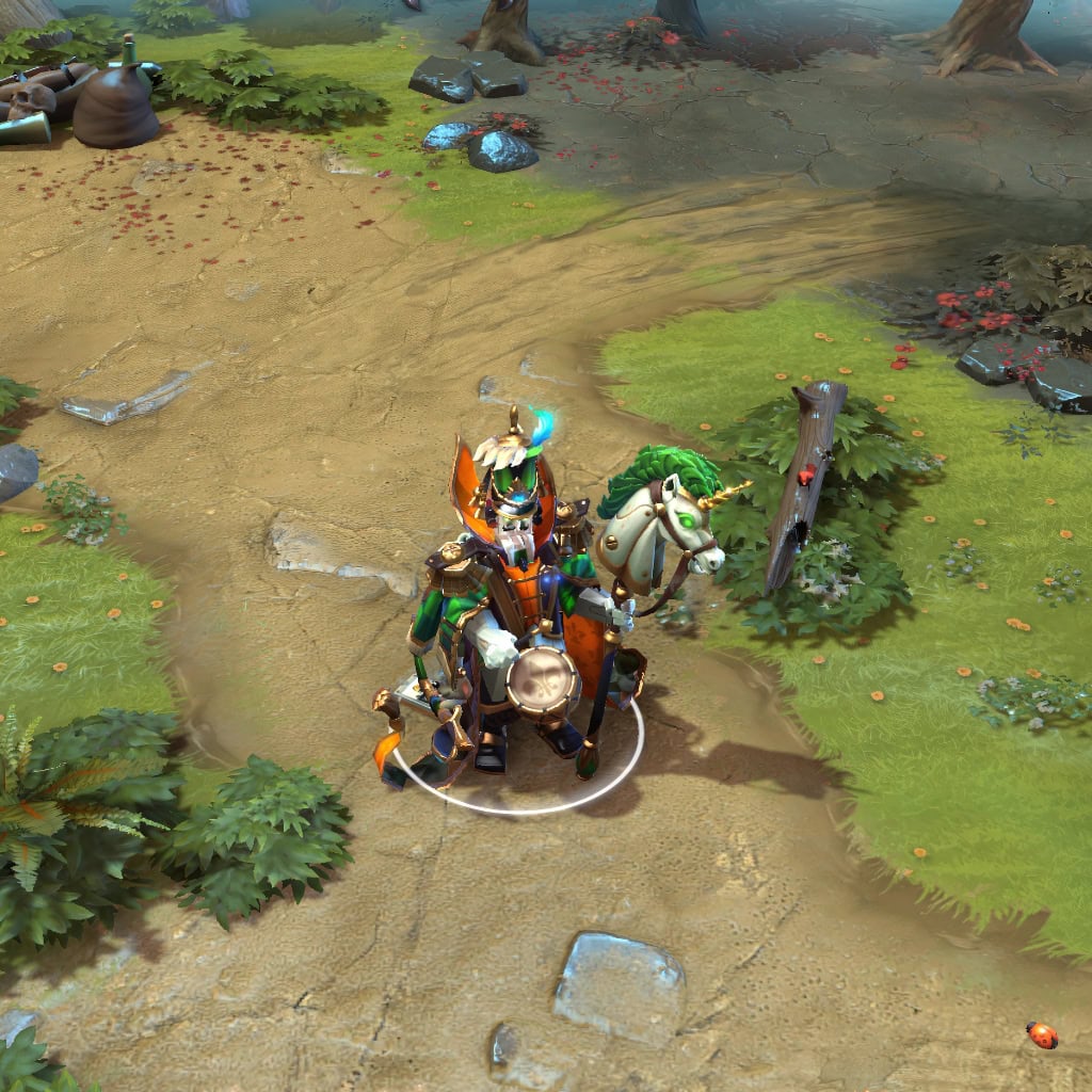Rubick shown in-game wearing the March of the Crackerjack Mage set. The unique nutcracker visage with glowing green eyes, ornate military attire in rich greens and gold, and stylized unicorn staff are clearly visible, showcasing the set's full impact during gameplay.