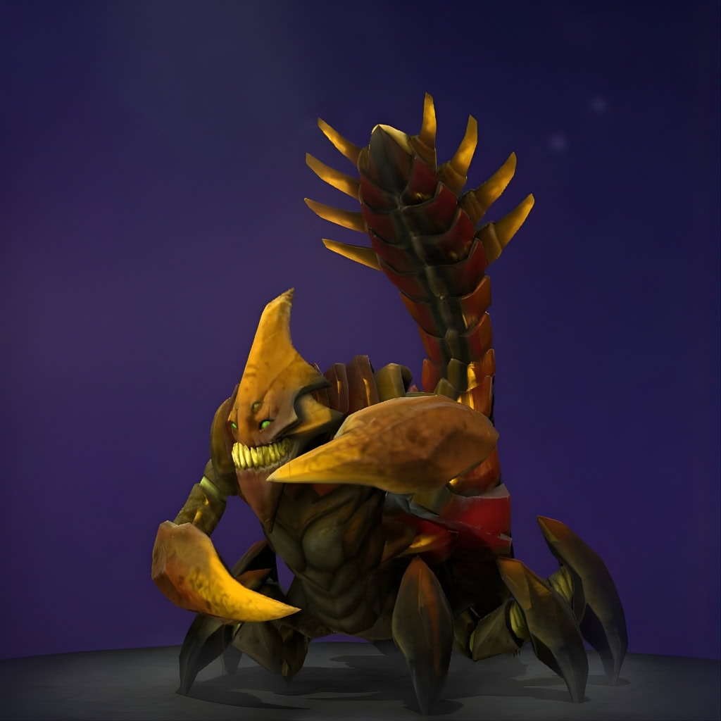 The default skin of Sand King, shown for comparison with the Sovereign of the Kray Legions set. This highlights the fundamental reimagining from a desert scorpion into a powerful, lobster-like crustacean monarch, complete with massive claws and glowing horns.