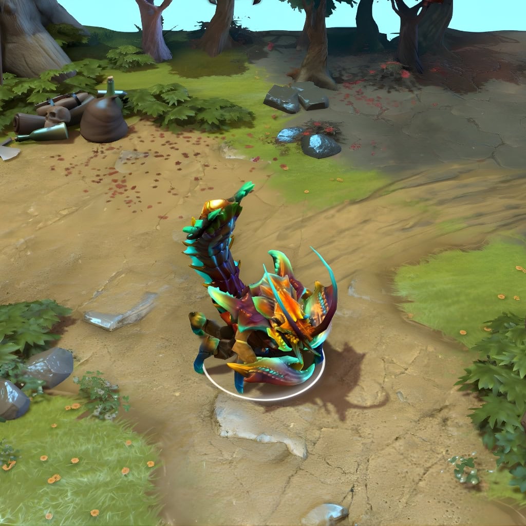 Sand King shown in-game wearing the Sovereign of the Kray Legions set. The regal crustacean form, massive pincer claws, crowned headpiece with glowing horns, and ornate segmented tail are clearly visible, showcasing the set's full intimidating presence and altered silhouette.