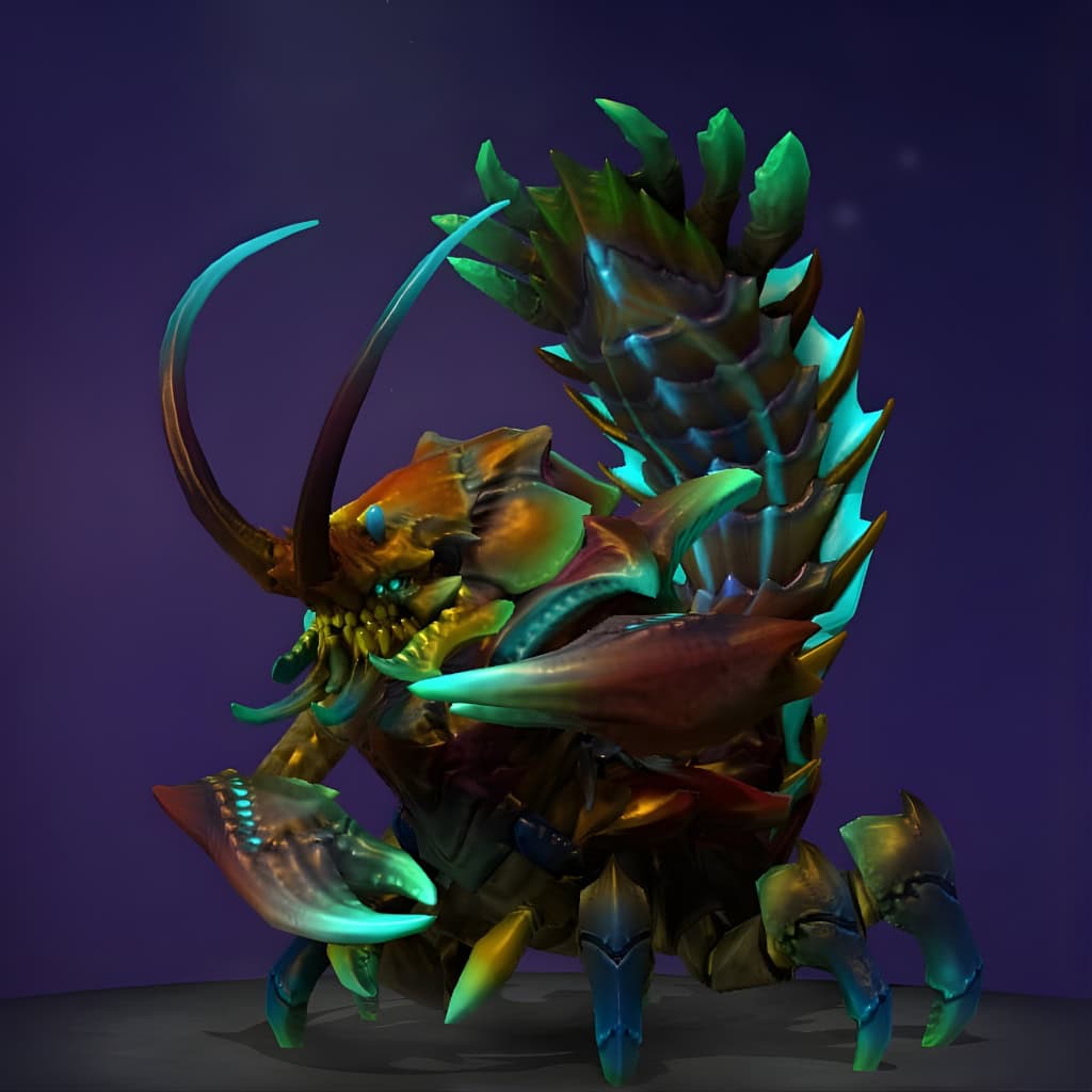 Sand King's "Sovereign of the Kray Legions" Mythical set from The International 2017 Collector's Cache. This skin transforms him into a formidable crustacean monarch with a thick chitinous shell of deep reds and burnt oranges, massive glowing blue pincer claws, a crowned headpiece with piercing blue eyes, and an ornate, fan-like segmented tail. He is posed against a dark background.