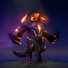 A full view of the Shadow Demon set, Crown of Calaphas, from The International 10 Collector's Cache II. The hero is adorned in full chitinous armor, featuring a menacing demonic crown with towering, luminous crimson horns. A burning internal core glows like a furnace from his chest, visualizing immense magical power. His hands dissipate into swirling shadow effects of pure abyssal energy, and his formidable, bladed tail completes this terrifying look.