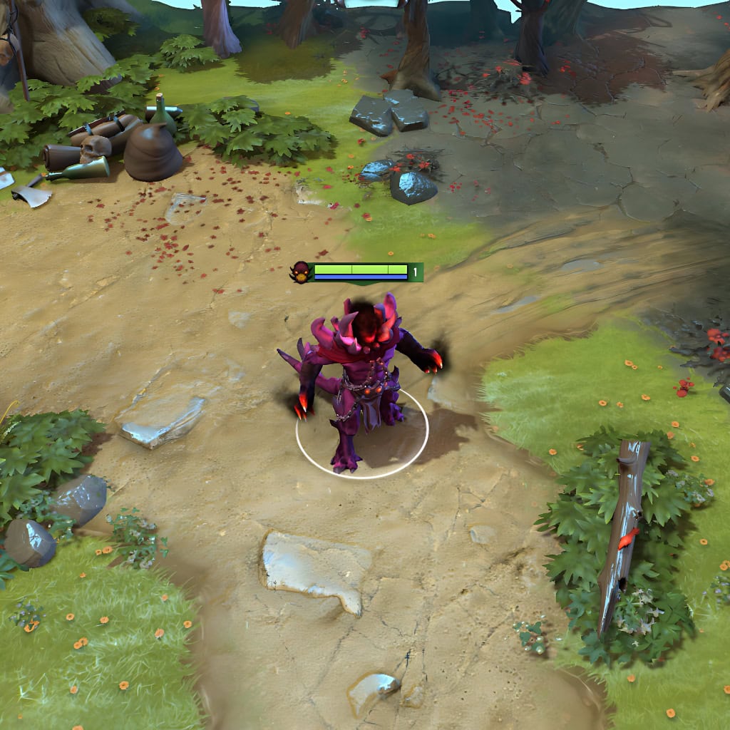 A gameplay screenshot of Shadow Demon's default model in Dota 2. This serves as a baseline to contrast with the enhanced in-game visuals and animations of the Crown of Calaphas cosmetic set.
