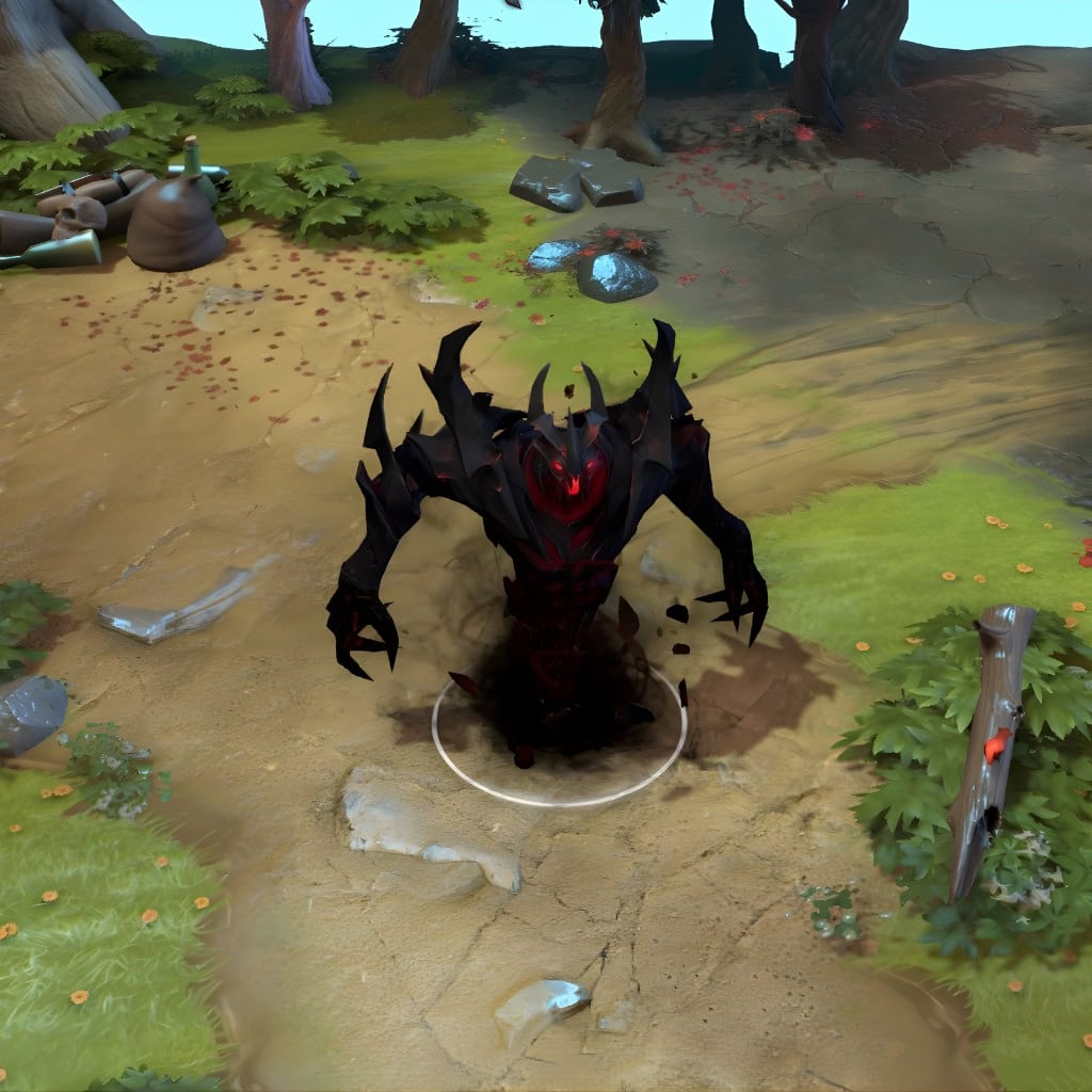 A gameplay screenshot of Shadow Fiend's default model in Dota 2. This serves as a baseline to contrast with the imposing silhouette and smoldering visual effects of the rare Diabolical Fiend set from The International 2016 Collector's Cache.