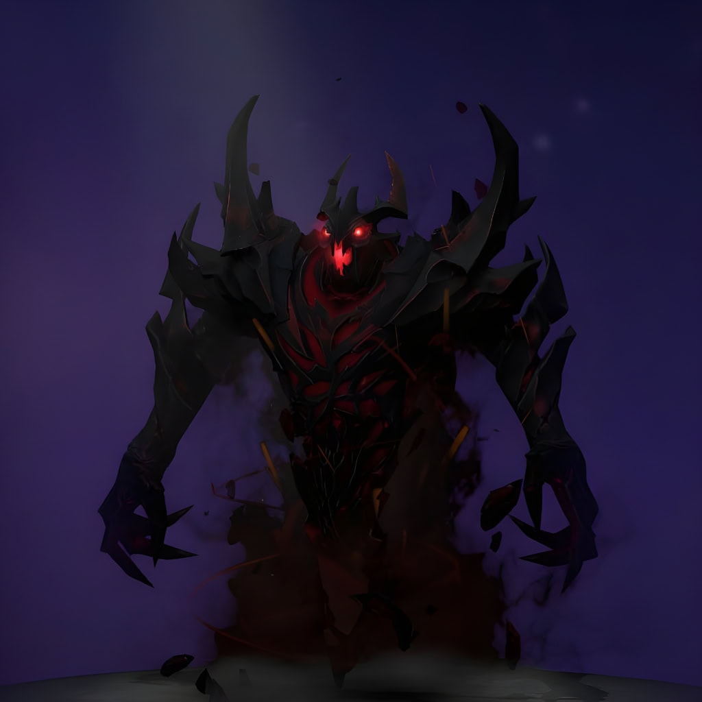 The default skin of Shadow Fiend, shown for comparison with the Souls Tyrant set. This highlights the transformation into a terrifying monarch with ornate golden horns, regal pauldrons, intricate dark armor with crimson accents, and intensified shadowy essence.