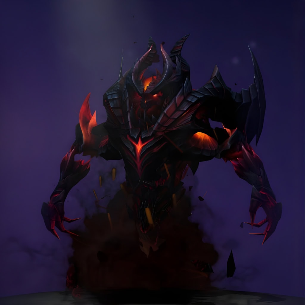 Shadow Fiend's "Diabolical Fiend" The International 2016 Collector's Cache set. Transforms him into an armored tyrant with jagged, obsidian plates and massive demonic horns. His form burns with internal volcanic fire, emanating a menacing glow and smoldering embers.