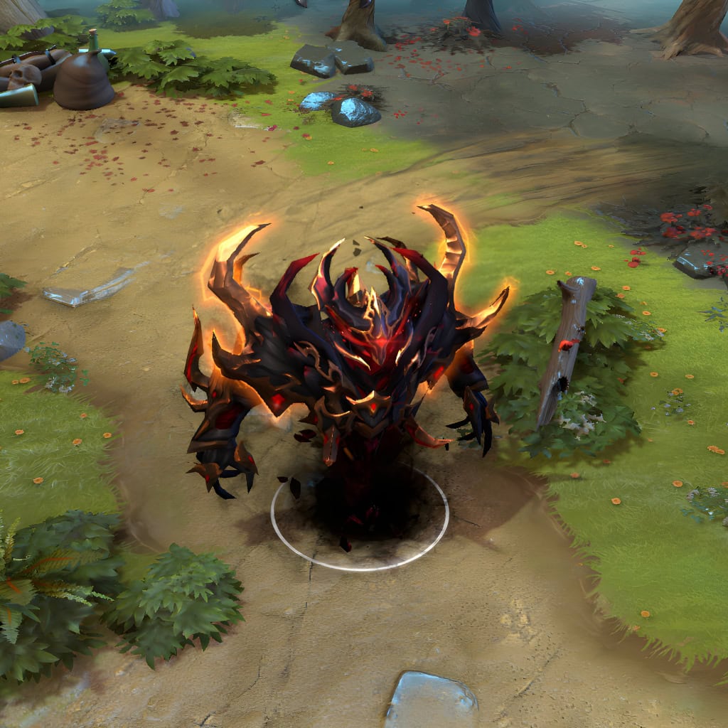 Shadow Fiend shown in-game wearing the Souls Tyrant set. The immense golden horns, regal pauldrons, intricate dark armor with glowing crimson accents, and swirling shadowy essence are clearly visible, showcasing the set's full impact.