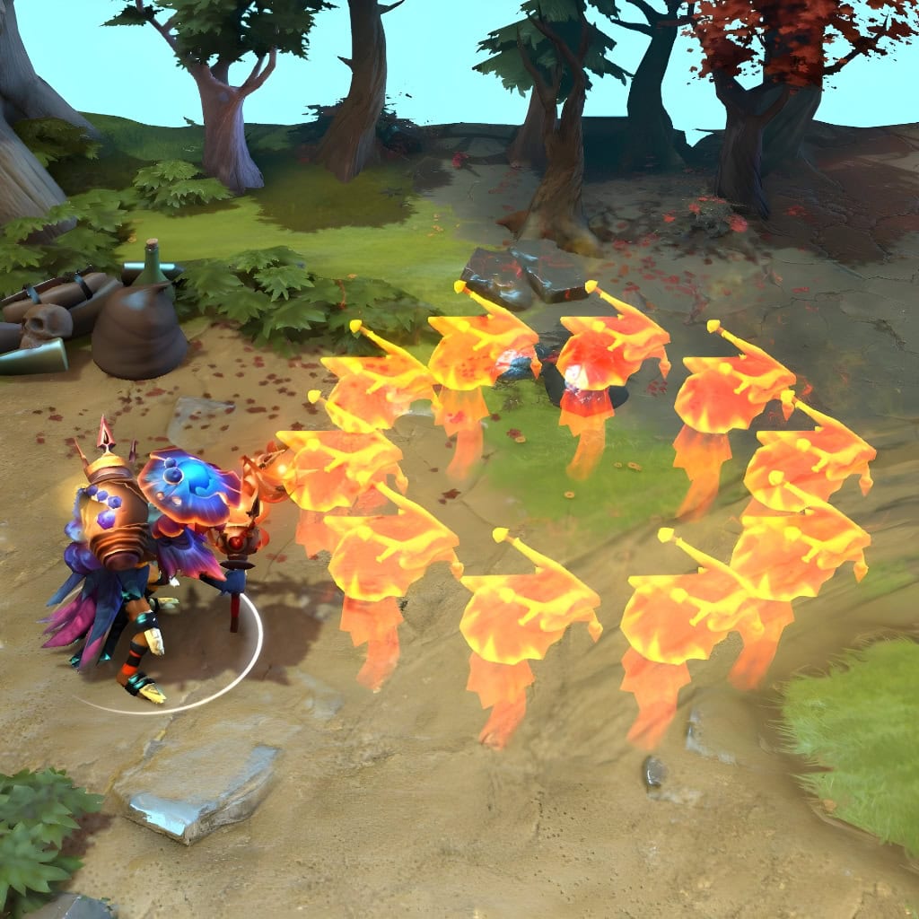 Shadow Shaman shown in-game wearing the Endowments of the Lucent Canopy set. His luminous blue mushroom headdress, iridescent feather-like cloak, and enigmatic ward-staff with a golden creature totem are clearly visible, showcasing the set's mystical fungal theme.