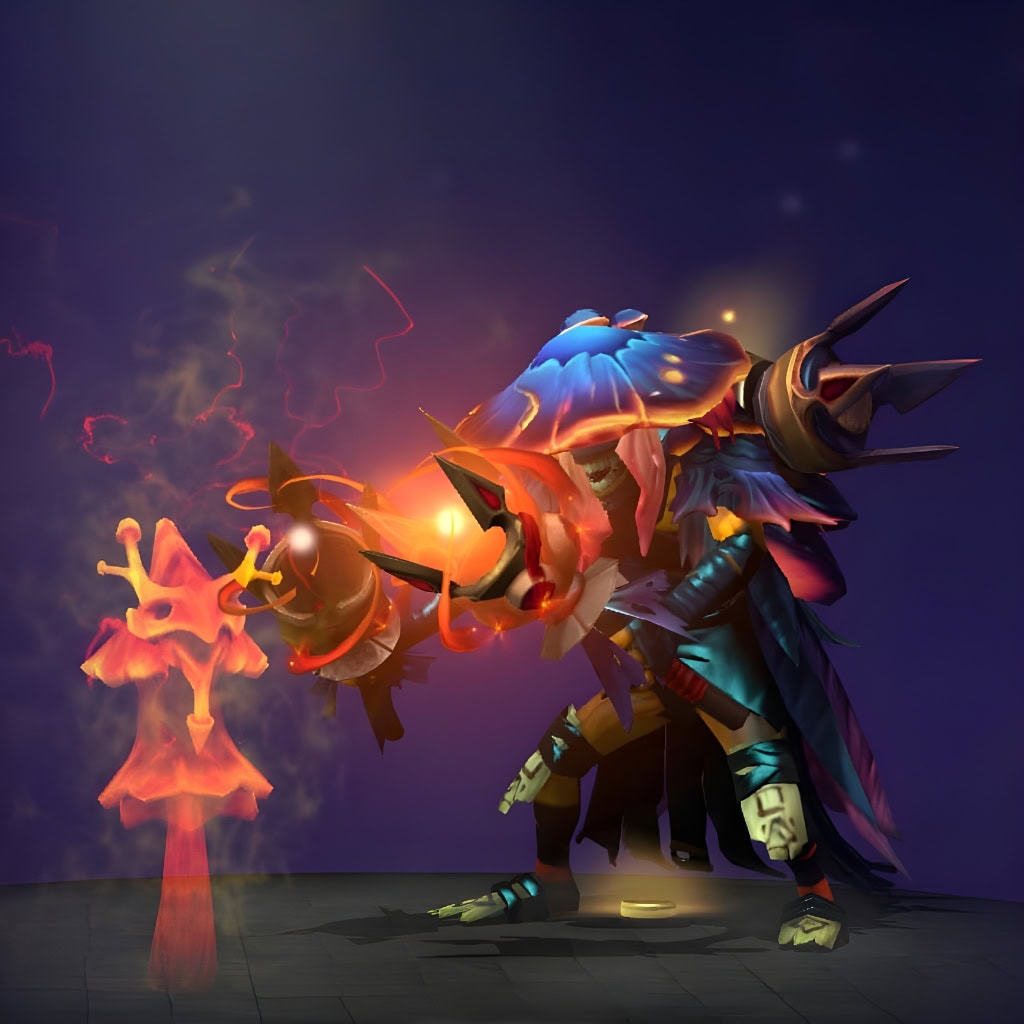 Shadow Shaman's "Endowments of the Lucent Canopy" The International 2018 Collector's Cache set. Transforms him into a mystical guardian with a breathtaking bioluminescent fungal theme. Features a luminous blue mushroom headdress, iridescent feather-like cloak, and an enigmatic ward-staff with a golden creature totem and ruby-red eyes.