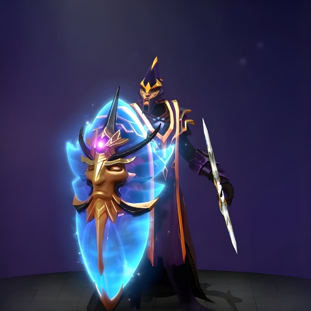 Dota 2 Immortal item, Aspect Oscilla, for Silencer features an ornate golden effigy shield with a violet gem and blue ethereal glow, enhancing Arcane Curse.