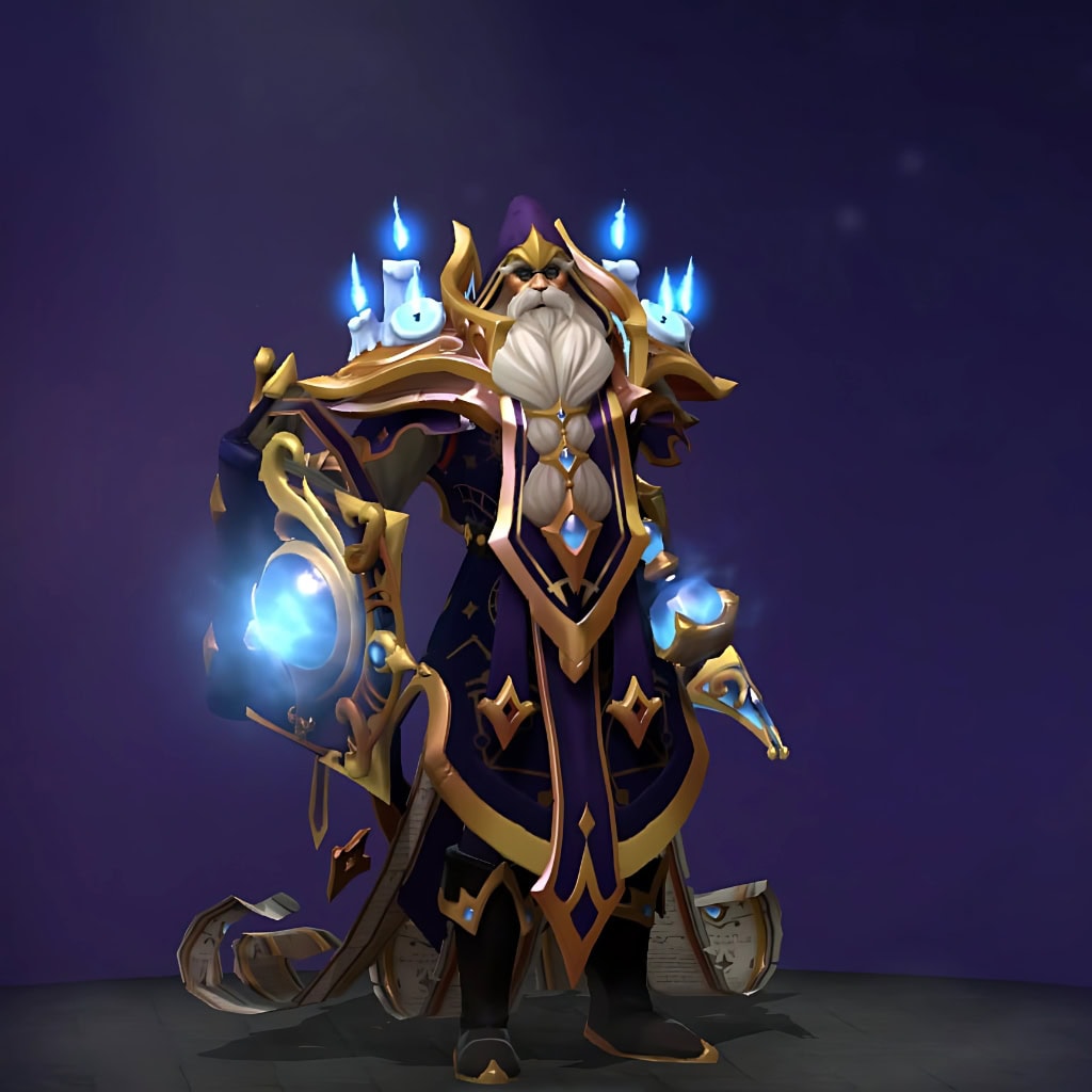 Silencer's "Grand Suppressor" Diretide 2022 Collector's Cache II set. This cosmetic transforms Nortrom into a grand magister, featuring deep purple scholarly robes that fray into ancient, inscribed scrolls. He wears ornate golden armor embedded with luminous blue gems, and uniquely, his shoulder pauldrons are adorned with perpetually lit blue wax candles. He wields a custom curved golden glaive and a massive, shield-like grimoire as his off-hand weapon.