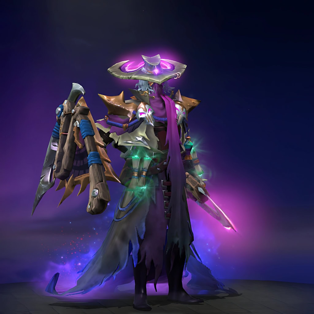 Image of the Silent Slayer cosmetic set for Silencer, from The International 10 Collector's Cache in Dota 2, featuring an ornate mystical headdress with glowing pinkish-purple runes, shadow-stitched regalia with gold and bronze pauldrons, and a whispering glaive with vibrant purple-pink luminescence.