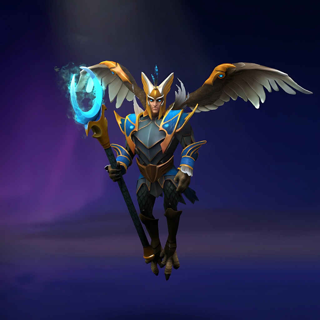 The default skin of Skywrath Mage, shown for comparison with the Secrets of the Celestial set. This highlights the transformation from his standard appearance to the set's glowing celestial armor, crescent moon pauldrons, and unique orrery staff.