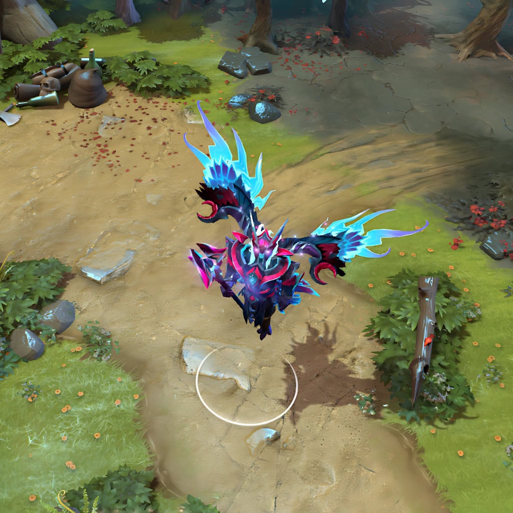 Skywrath Mage shown in-game wearing the Eyriebound Imperator set. The sharp crystalline energy wings, glowing cyan-bladed polearm, and dark imperial armor are clearly visible, showcasing the set's full intimidating impact during gameplay.