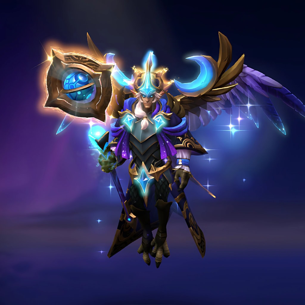 Skywrath Mage's "Secrets of the Celestial" TI10 Cache II set. Features masterfully crafted armor in deep purples and brilliant gold with a nebular glow. Includes magnificent crescent moon pauldrons, a regal headpiece, and a breathtaking custom astronomical orrery weapon.