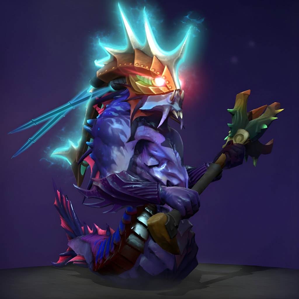 Dota 2 Immortal item, Fin of the First Spear, is an armored dorsal fin for Slardar with a glowing blue electrical core.