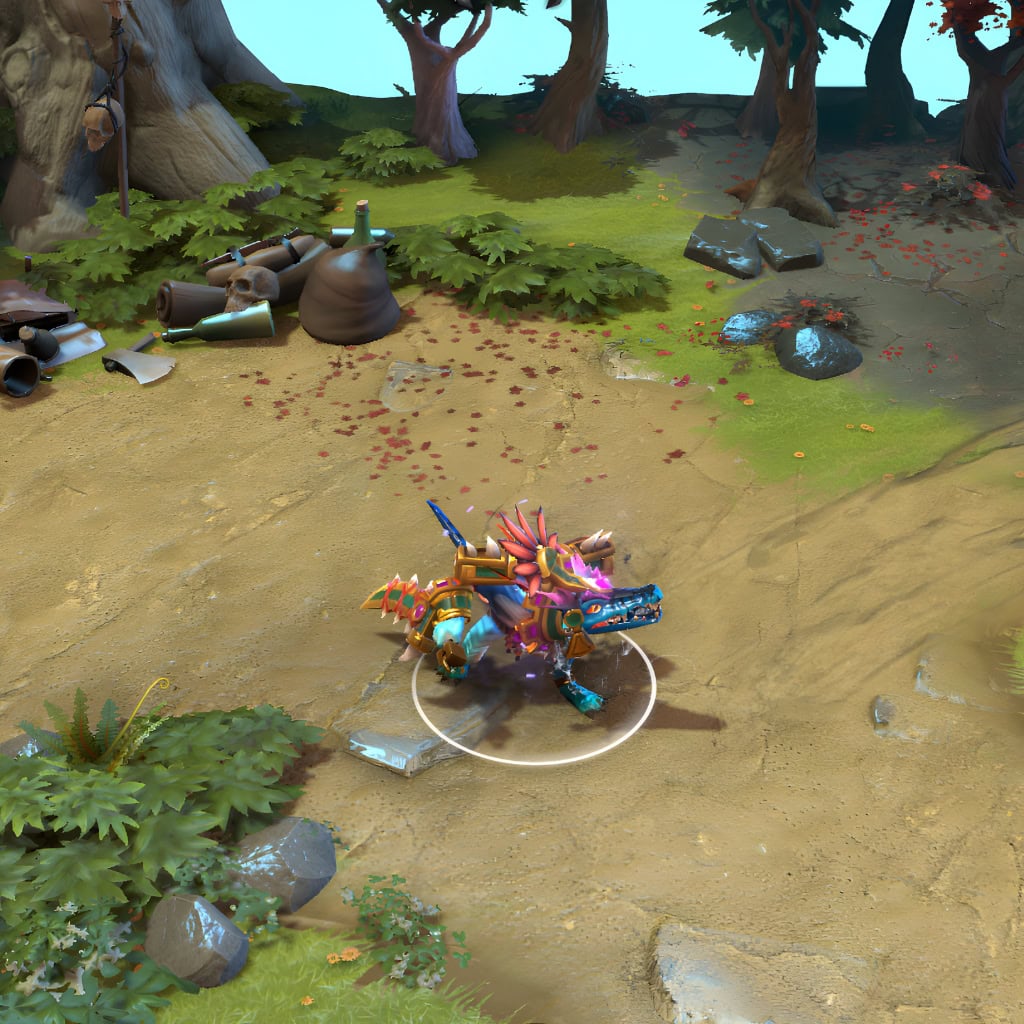 Slark shown in-game wearing the Appetites of the Lizard King set. The magnificent feathered headdress, ornate golden pauldrons with luminous purple gems, vibrant blue reptilian scales, crocodilian visage with glowing eyes, and uniquely designed, tooth-edged blade are clearly visible, showcasing the set's full impact.