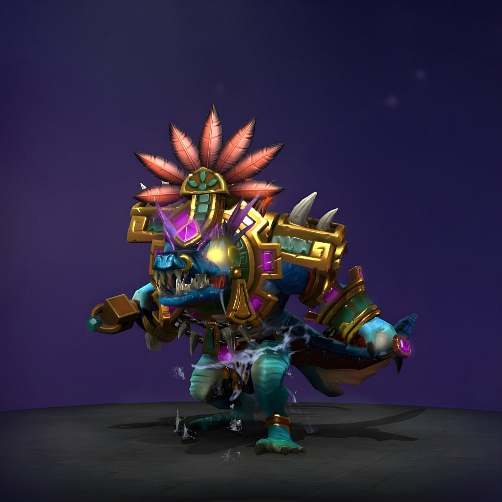 Slark's "Appetites of the Lizard King" from The International 2019 Collector's Cache. This set bestows a stunning visual metamorphosis with a magnificent feathered headdress of vibrant orange and purple. Ornate golden pauldrons and bracers feature luminous purple gems. His form has vibrant blue reptilian scales, a crocodilian visage with glowing eyes, and a uniquely designed, tooth-edged blade.