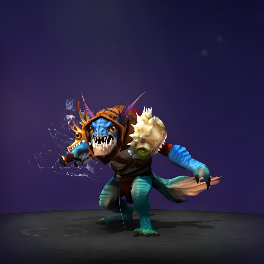 The default skin of Slark, shown for comparison with the Appetites of the Lizard King set. This highlights the stunning visual metamorphosis with a magnificent feathered headdress, ornate golden pauldrons, vibrant blue reptilian scales, a crocodilian visage, and a uniquely designed, tooth-edged blade.