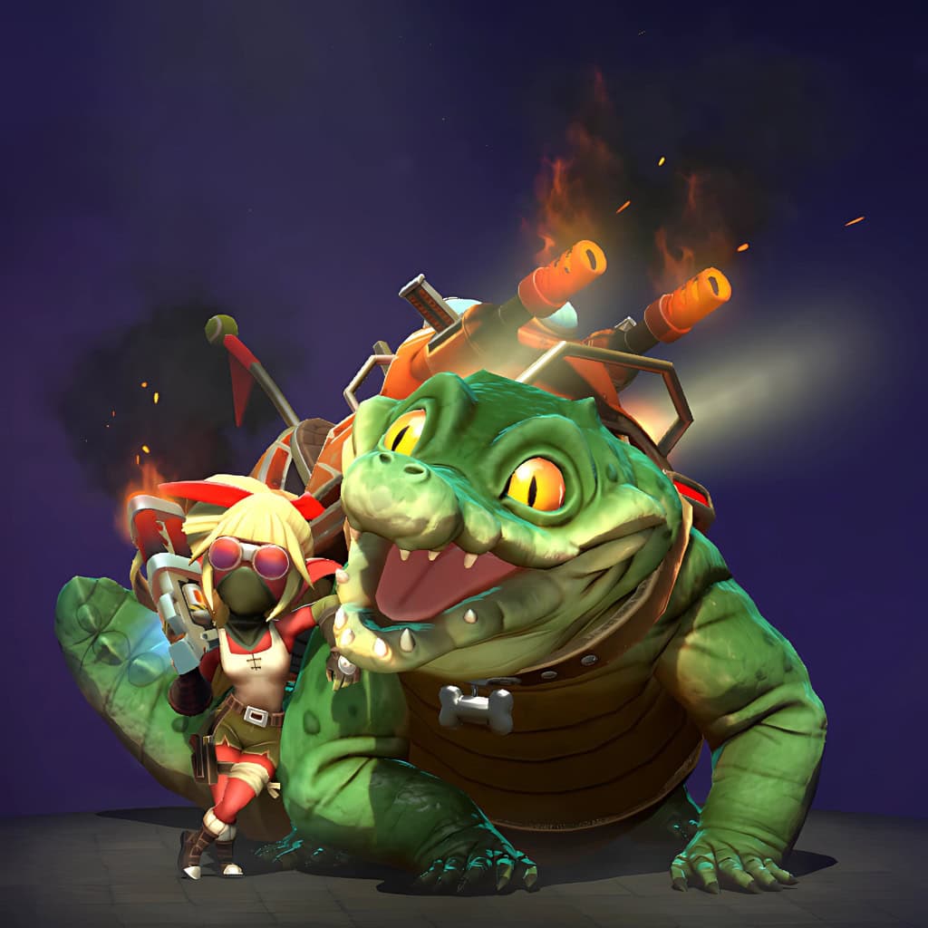 Snapfire's "Whippersnapper" Diretide 2022 Collector's Cache set. A complete reimagining of Snapfire as a scrappy reptilian rider atop Mortimer, who is transformed into a massive, grinning green gator-like beast, equipped with an armored command rig featuring multiple cannons and a rear thruster.