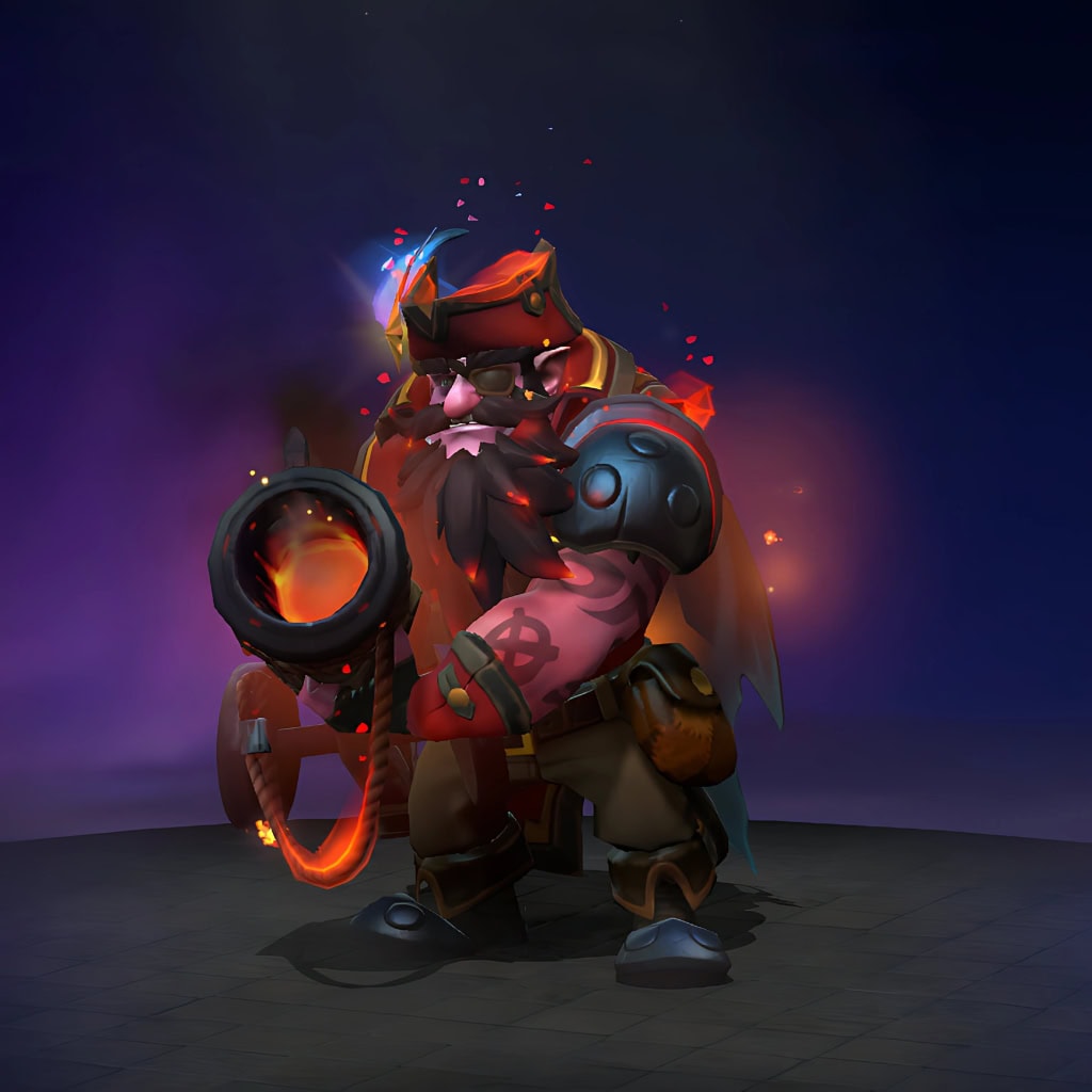 Sniper's "Blacksail Cannoneer" TI10 Cache II set transforms Kardel Sharpeye into a pirate lord. Features a custom cannon weapon glowing with fire, a crimson pirate turban, grizzled beard, detailed coat, and unique nautical tattoos, offering a full thematic overhaul.