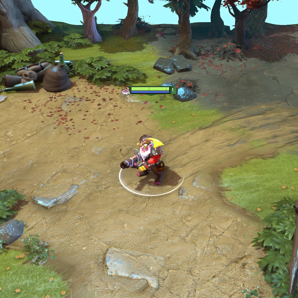 A gameplay screenshot of Sniper's default model in Dota 2. This serves as a baseline to contrast with the enhanced in-game visuals and animations of the Blacksail Cannoneer cosmetic set.