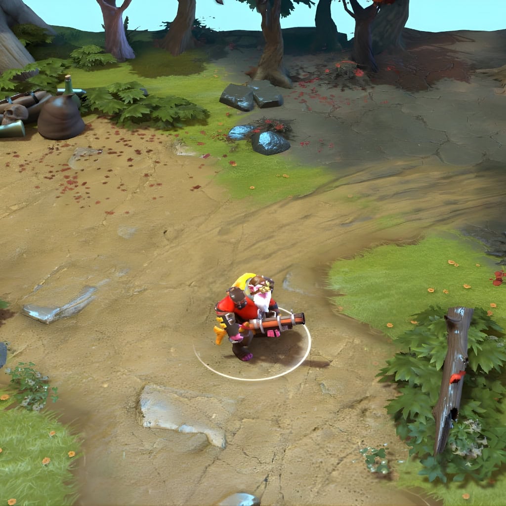 A gameplay screenshot of Sniper's default model in Dota 2. This serves as a baseline to contrast with the unique silhouette and thematic flair of the Ghillied Gunman cosmetic set, which alters his appearance for superior stealth in treeline environments.
