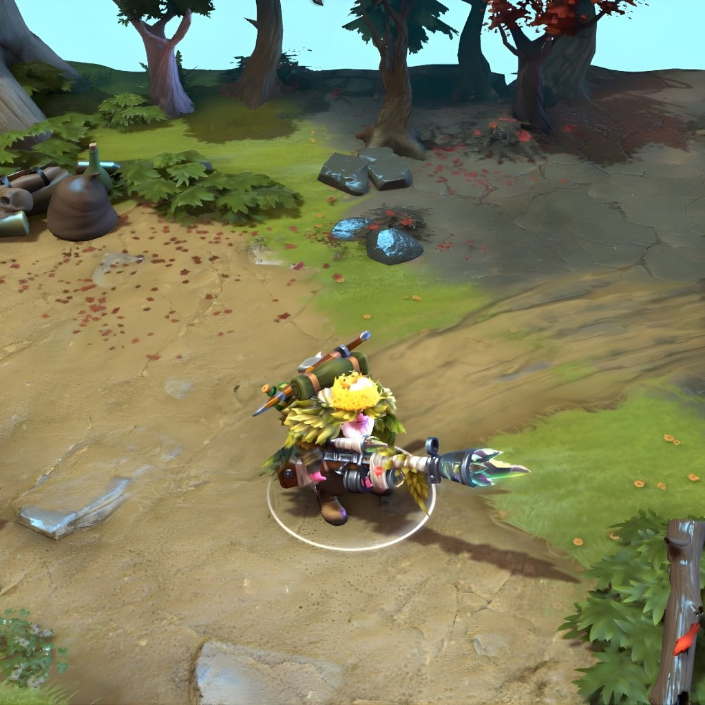 Sniper shown in-game wearing the Ghillied Gunman set. The dense foliage of the ghillie suit, the unique bird's nest helmet, and the glowing, multi-colored crystalline rifle are clearly visible, showcasing the set's detailed, lone-hunter aesthetic during a match.