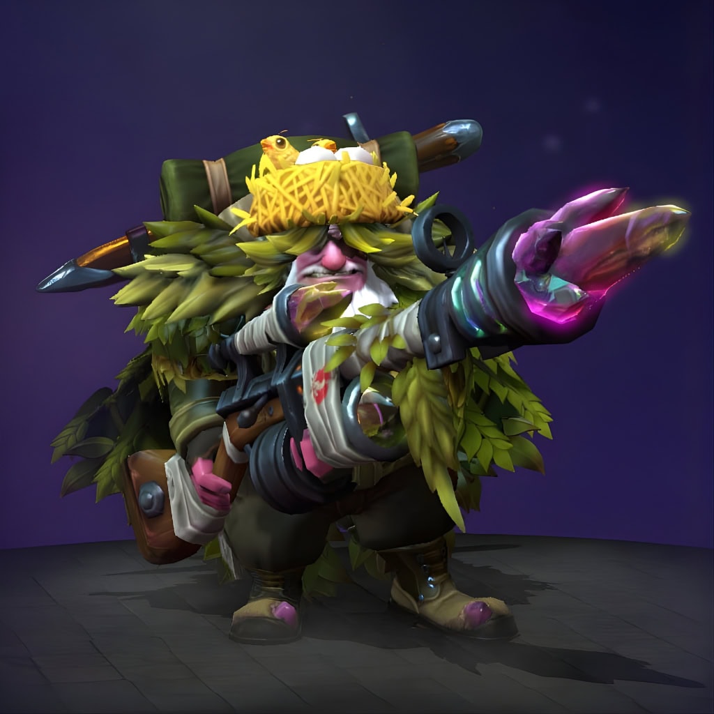 Sniper's "Ghillied Gunman" set from the Nemestice 2021 Themed Treasure. Features a full-body ghillie suit made of dense foliage, a charming bird's nest helmet with feathered occupants, a rugged survivalist's pack, and a Nemestice-infused rifle with a sharp, crystalline barrel glowing with pink and purple energy.