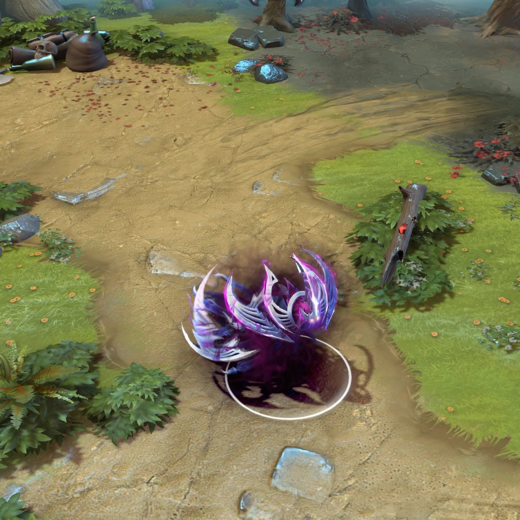 Spectre shown in-game wearing the Crescent Huntress set. Her sharp, iridescent silver armor, imposing crescent headpiece, glowing violet crescent blades, and spectral fabrics trailing with dark purple energy are clearly visible, showcasing the set's full impact and predatory grace during a Dota 2 match.
