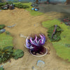 Spectre shown in-game wearing the Crescent Huntress set. Her sharp, iridescent silver armor, imposing crescent headpiece, glowing violet crescent blades, and spectral fabrics trailing with dark purple energy are clearly visible, showcasing the set's full impact and predatory grace during a Dota 2 match.