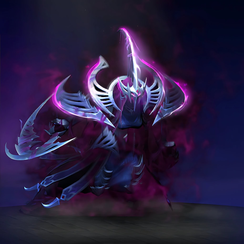 A complete transformation for Mercurial, the Spectre, with the "Crescent Huntress" set from Dota 2's Summer 2023 Collector's Cache. It features sharp, iridescent silver armor, a menacing crescent headpiece, and iconic weaponry reborn into glowing violet crescent blades, enveloped in an ethereal, moon-touched design and dark purple energy.