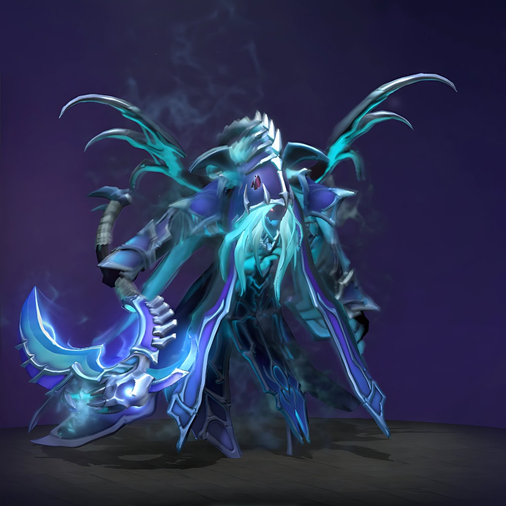 Spectre's "Spoils of the Shadowveil" Diretide 2022 Collector's Cache set. Transforms her into an ethereal sovereign with ornate violet regalia that dissolves into pure shadow, a horned lich-like helm, and a haunting aquamarine energy pulsing from within, with piercing luminous eyes.