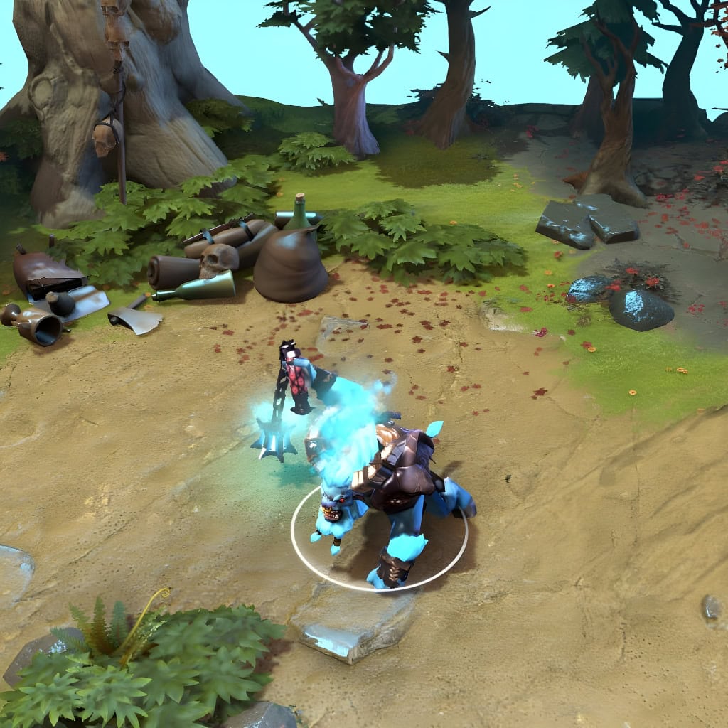 A gameplay screenshot of Spirit Breaker's default model in Dota 2. This serves as a baseline to contrast with the formidable silhouette and glowing crystal effects of the Pillar of the Fractured Citadel cosmetic set.