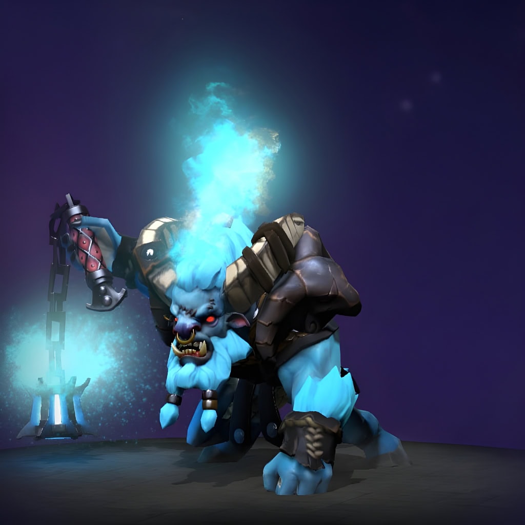 The default skin of Spirit Breaker, shown for comparison with the Pillar of the Fractured Citadel set. This highlights the transformation into a dark-armored being with erupting green crystals, a horned helm, and a luminous censer weapon emitting a cyan mist.