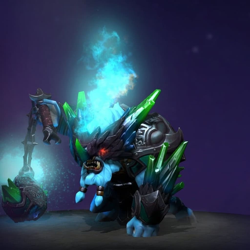 Spirit Breaker's "Pillar of the Fractured Citadel" The International 2018 Collector's Cache set. Encased in dark-iron armor, this skin features brilliant green crystals erupting from the shoulders and horned helm. He wields a luminous censer weapon that emits a constant, otherworldly cyan mist.