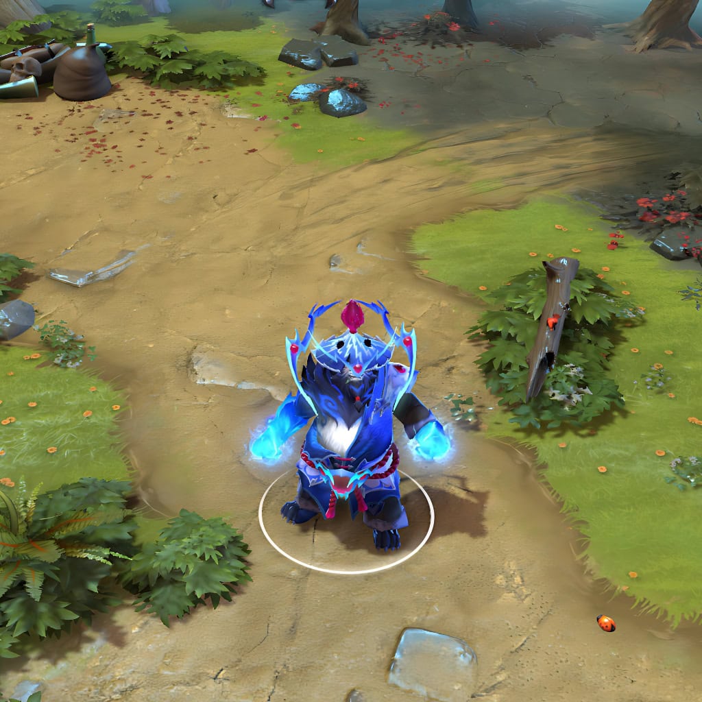 Storm Spirit shown in-game wearing the BEAST OF THUNDER set. The dark blue ornate samurai-style armor, vibrant cyan glowing accents, spiky pink topknot, and powerful fists crackling with electrical energy are clearly visible, showcasing the set's full impact during a match.