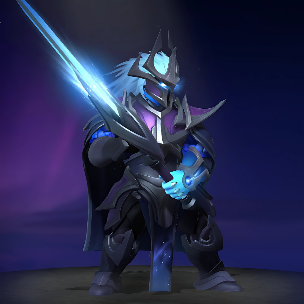 Sven's "Astral Schism" Cosmic 2025 Heroes Hoard set. Features deep, void-like plate armor with conduits of brilliant blue energy and captured nebulae. The imposing helm is crowned with a mane of ethereal starlight, and he wields a greatsword that glows with stellar fire.