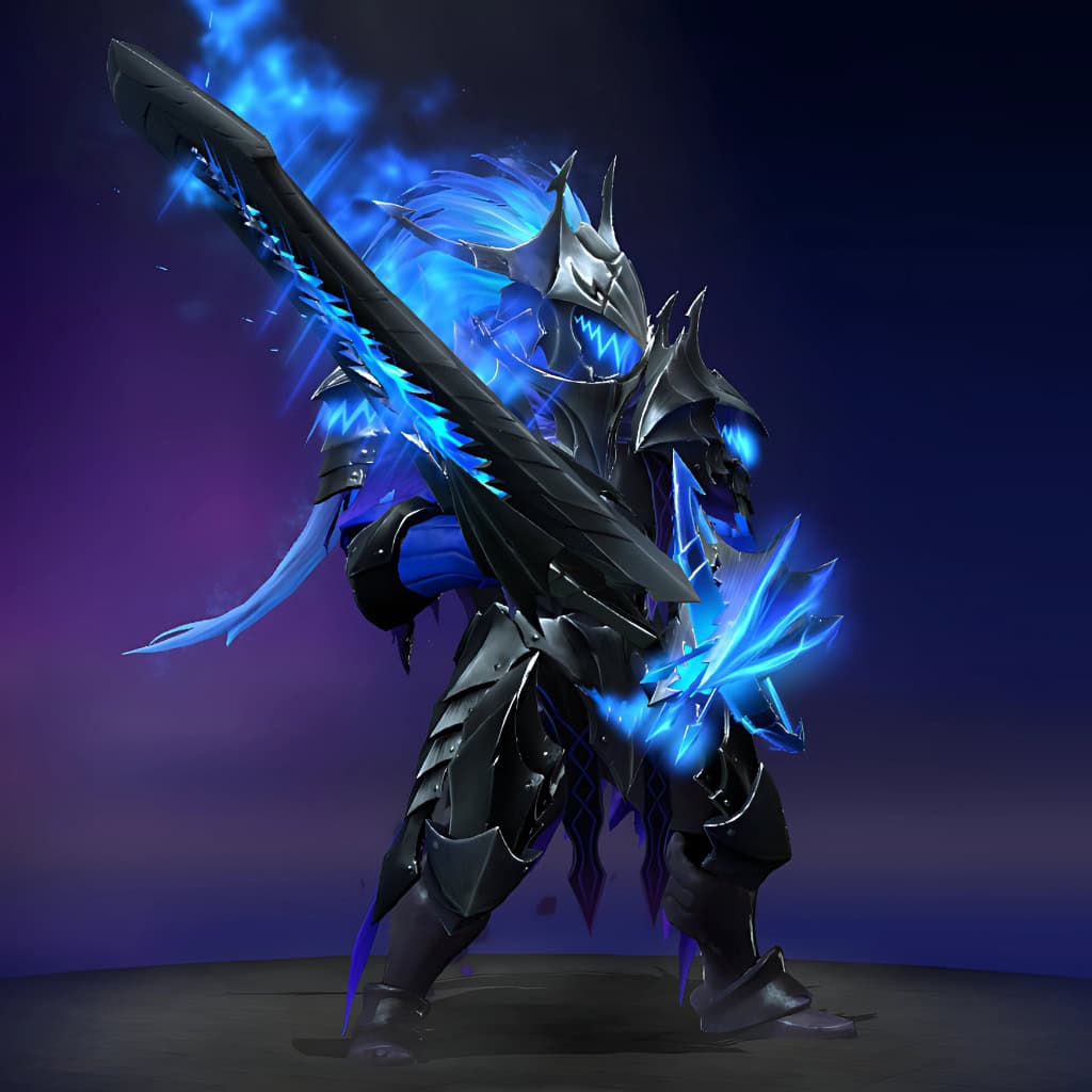 Sven's "Indomitable Legacy" Nemestice Collector's Cache 2021 set. Inspired by Berserker Armor, this set features jagged, obsidian-like plates, a core of volatile blue energy, a menacing horned helmet, and a colossal greatsword homage to the Dragonslayer.