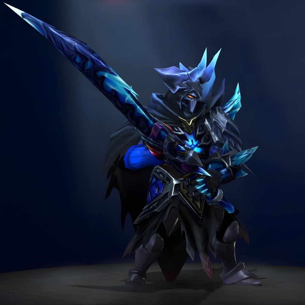 Sven's "Stormwrought Arbiter" The International 2016 Collector's Cache set. This transformation features dark, jagged metal armor pierced by luminous blue crystals. He wears a menacing, horned helmet with glowing eyes and wields a massive greatsword with a pulsating, crystalline core.