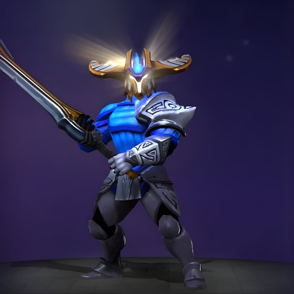 Dota 2 Immortal item, Vigil Odyssey, for Sven is a helmet with a winged, burnished gold chassis, azure gemstone, and glowing visor.