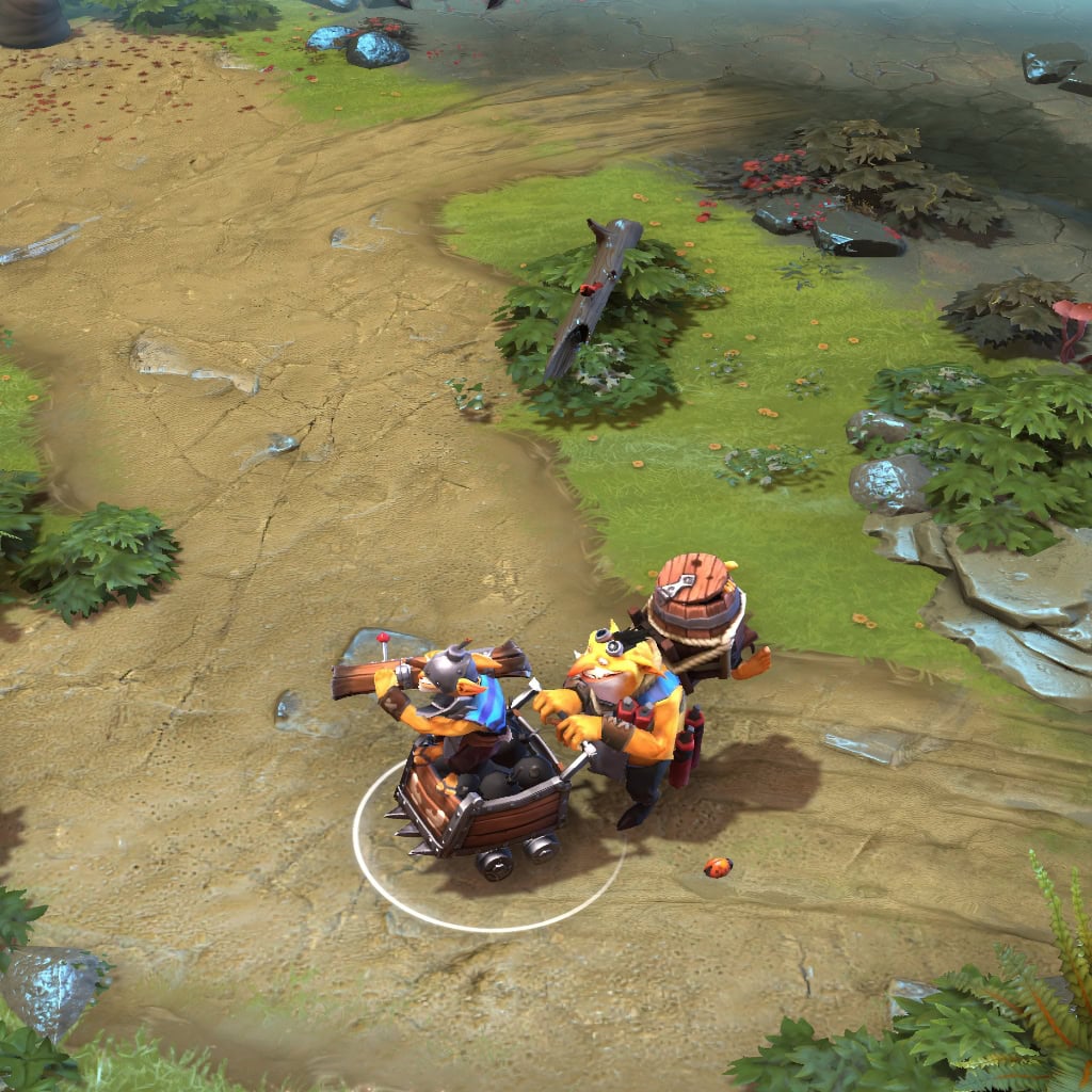 A gameplay screenshot of Techies' default model in Dota 2. This serves as a baseline to contrast with the unique minecart chassis, glowing green crystals, and custom sapper models of the Primer of the Sapper's Guile cosmetic set.