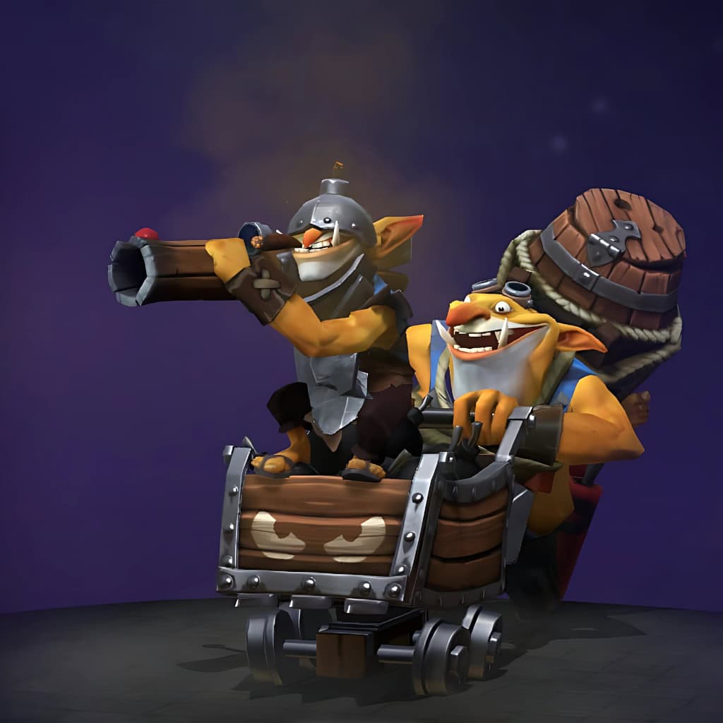 The default skin of Techies, shown for comparison with the Primer of the Sapper's Guile set. This highlights the transformation into crystal-laden sappers with unique mining gear and an interchangeable drill or cannon on their custom minecart.